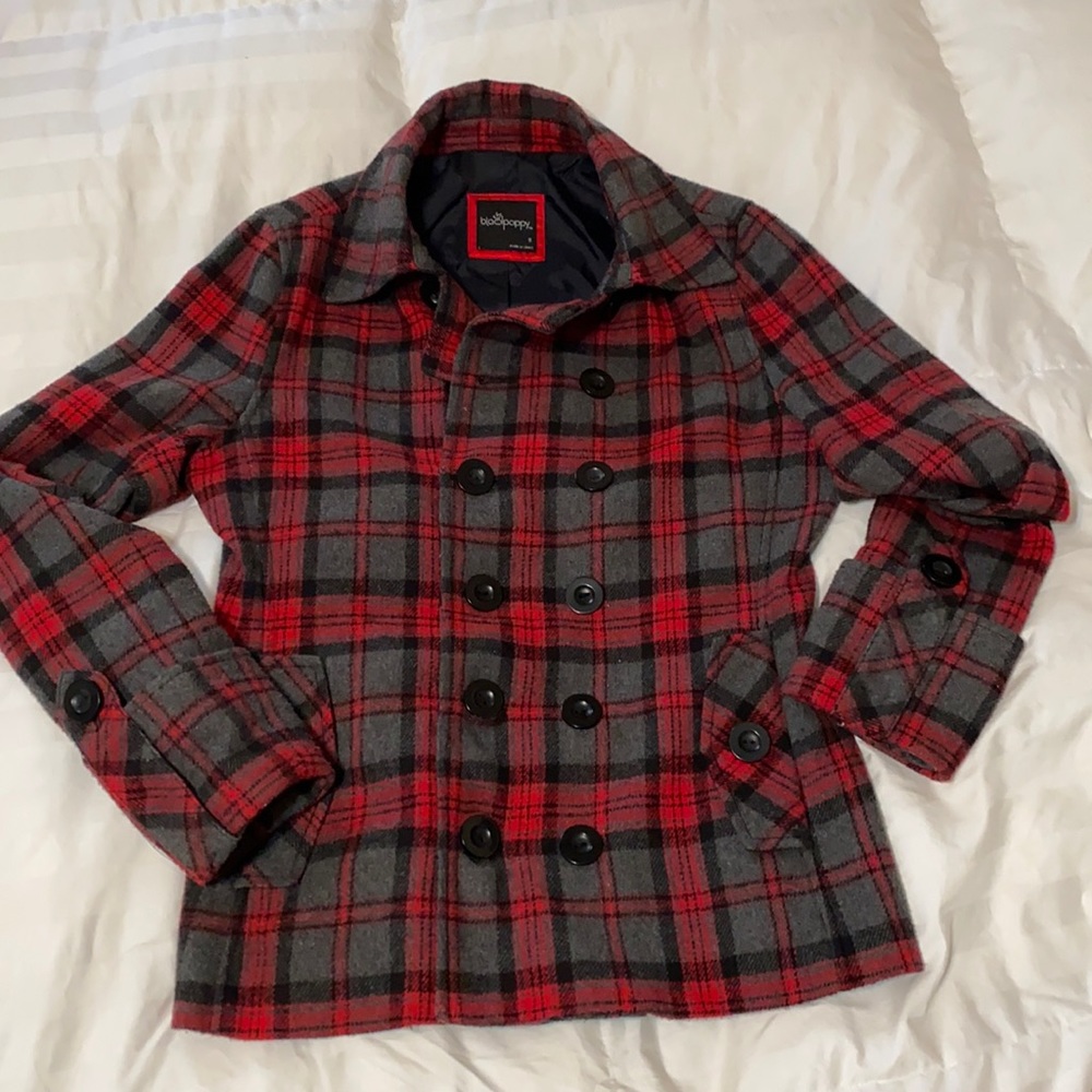 Blackpoppy women’s lightweight coat.  Waist length. Red/grey/black plaid.